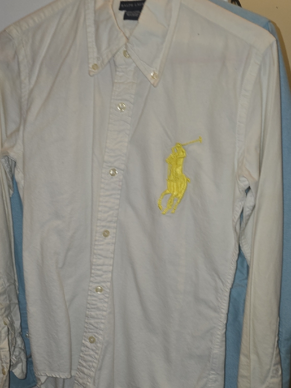 Womens Ralph Lauren White Button-Down Shirt with Xl Yellow Pony Logo